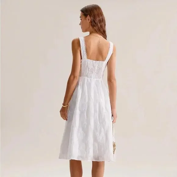 RIHOAS White Jacquard Shirred Slip Midi Dress S - Picture 2 of 6